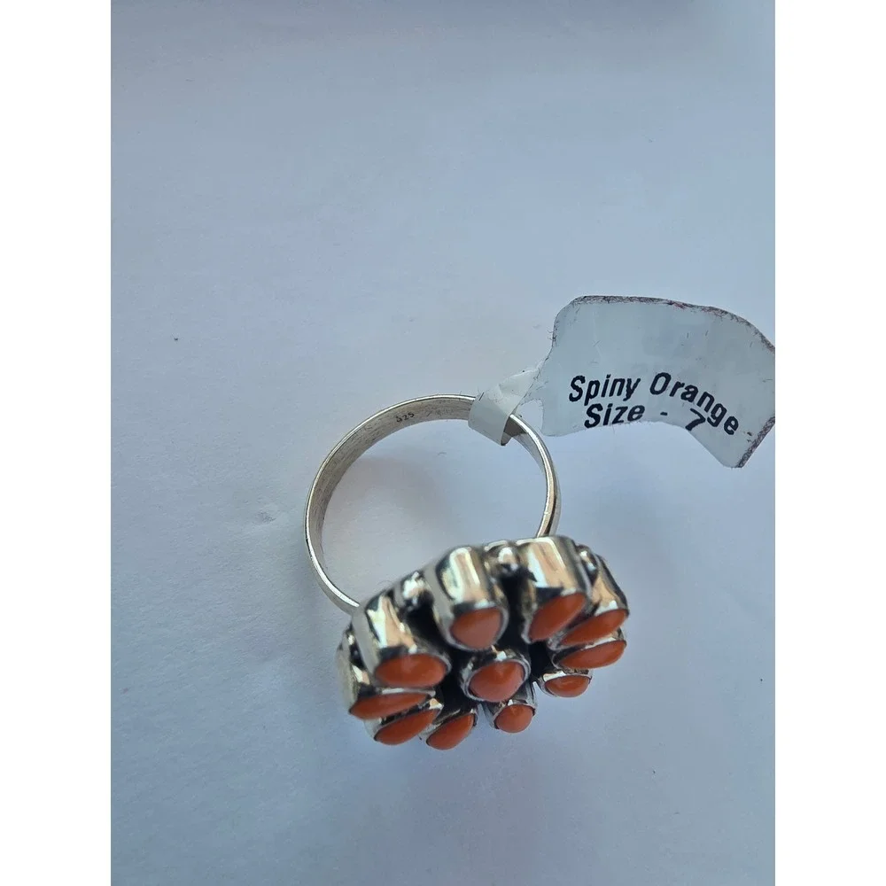 Sterling Silver 925 Orange Spiny Oyster Floral Cluster Statement Ring Size 7